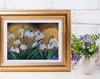 Snowdrops Flower Original Oil Pastel Painting: Botanical Wall Art