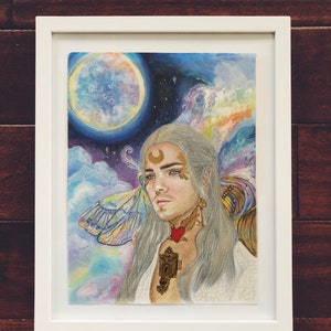 El Elfo. Pintura original I. Nieve de litio. Ilustración colorida, ilustración de elfo, pintura fantástica, pintura surrealista, pintura de luna llena.