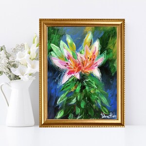 Pink Lilies Oil Pastel Painting: Botanical Wall Art (9x12)