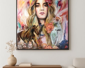 The Revelation Oil Painting: Woman, Horse, Eagle, Modern Art (30x40”), surreal painting, surreal landscape, feminine art, feminine paintig