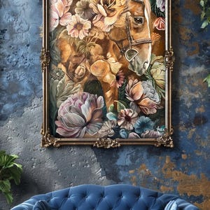 Olieverfschilderij paard met bloemen: paardenkunst op canvas (36 x 48&quot;)