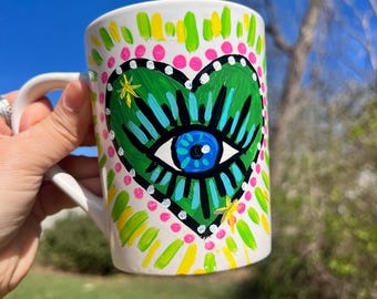 Hand-Painted Ceramic Mug: Folk Art Heart with Eye, Witchy Gift
