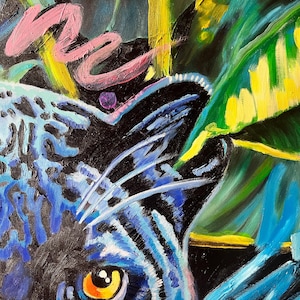 May include: Close-up of a black panther's face with blue and green markings. The panther's eye is bright orange with a black pupil. The background is a vibrant mix of green, blue, yellow, and pink.