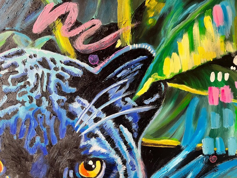 May include: Close-up of a black panther's face with blue and green markings. The panther's eye is bright orange with a black pupil. The background is a vibrant mix of green, blue, yellow, and pink.