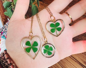 Real Four Leaf Clover Necklace: Lucky Shamrock Heart Pendant