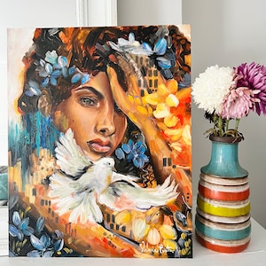 Dove and Girl Oil Painting: Woman Portrait, Bird Wall Art
