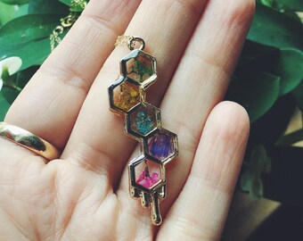 Handmade Honeycomb Resin Pendant: Real Pressed Flowers, Geometric Necklace