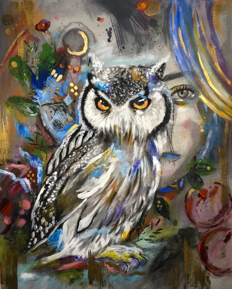 Owl and girl painting. Renewal original mix media painting. image 1