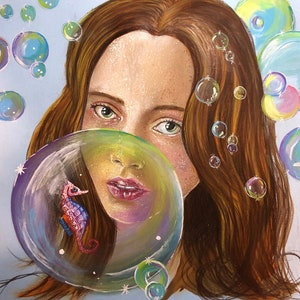 Seahorse original painting,  illustration, portrait illustration, seahorse illustration,  bubbles painting , girl portrait