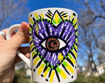 Hand-Painted Ceramic Mug: Folk Art Heart with Eye, Witchy Gift