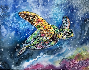 Watercolor Turtle Painting: Original Undersea Art, 8.5x11”