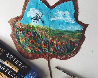 Windmill hand painted on natural leaf.  Landscape painting, nature painting, botanical art, painted leaves.