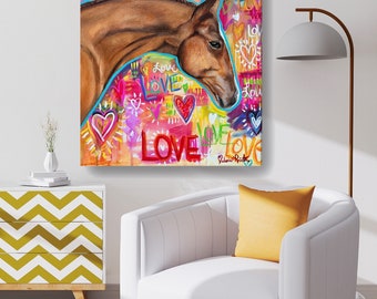 Love horse original oil and mix media painting colorful wall art