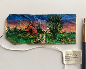 Red barn, miniature oil painting on dandelion tea bag framed.