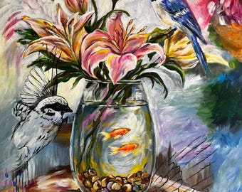 Original akrylmålning med blommig synkronisering. Blåskrikamålning, rosa liljor, blommålning, fågelmålning.