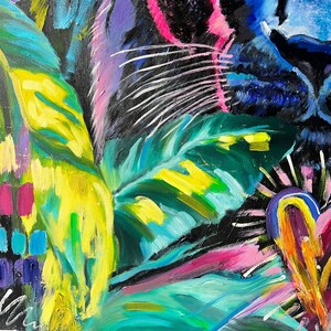 May include: A colorful abstract painting featuring a close-up of a black panther's face with a bright pink heart and green leaves in the foreground.
