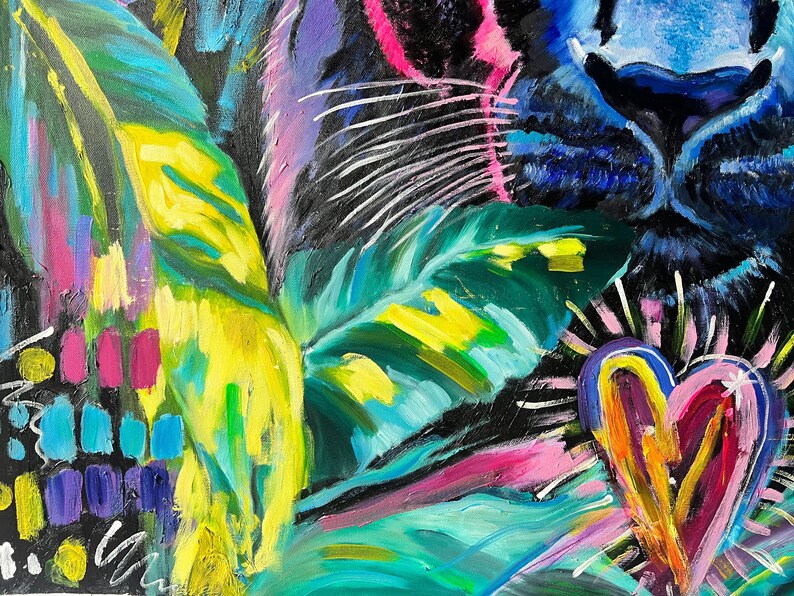 May include: A colorful abstract painting featuring a close-up of a black panther's face with a bright pink heart and green leaves in the foreground.