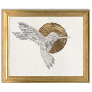 Hummingbird illustration with graphite and golden leaf 24K, bird lovers, hummingbirds lover, hummingbird wall art, hummingbird wall decor