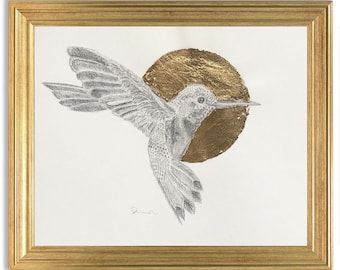 Hummingbird illustration with graphite and golden leaf 24K