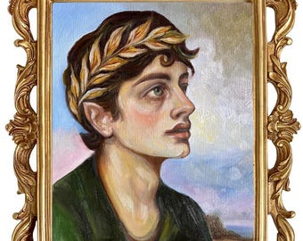 Peinture à l'huile d'elfe : art fantastique néoclassique dans un cadre doré vintage