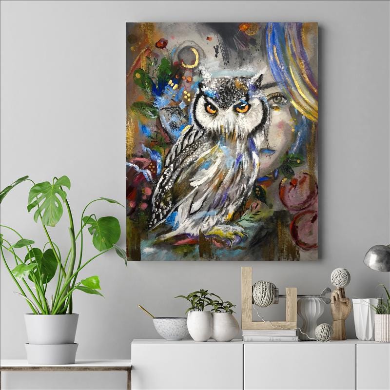 Owl and Girl Painting: Surreal Mix Media Wall Art (16x20”)