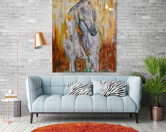 White horse painting. Golden hour Big horse oil painting. Equestrian painting, home interior decoration. Horses love. Yellow Horse