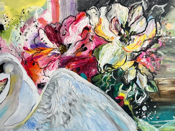 ホワイトスワン抽象画 キャンバスに油彩とアクリル、花のアート - Etsy