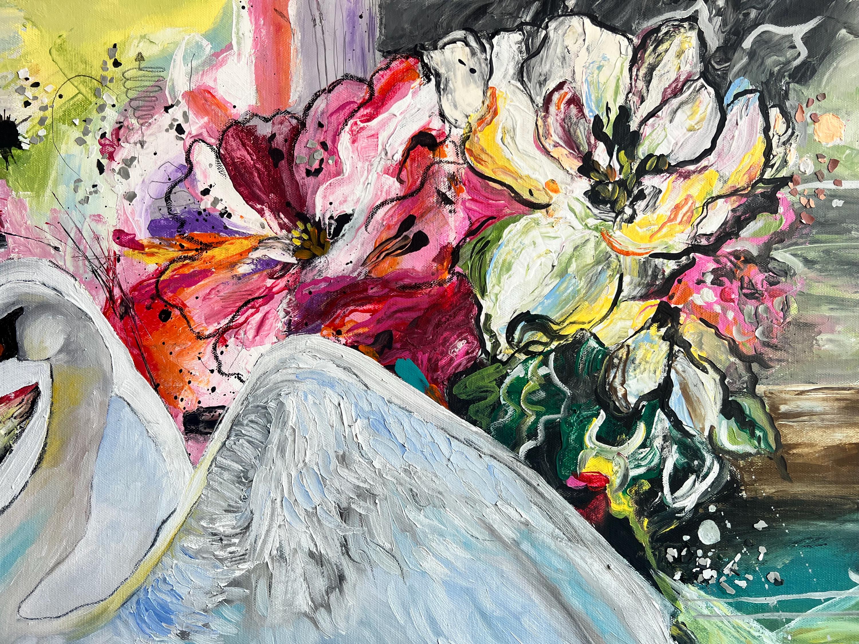 ホワイトスワン抽象画 キャンバスに油彩とアクリル、花のアート - Etsy