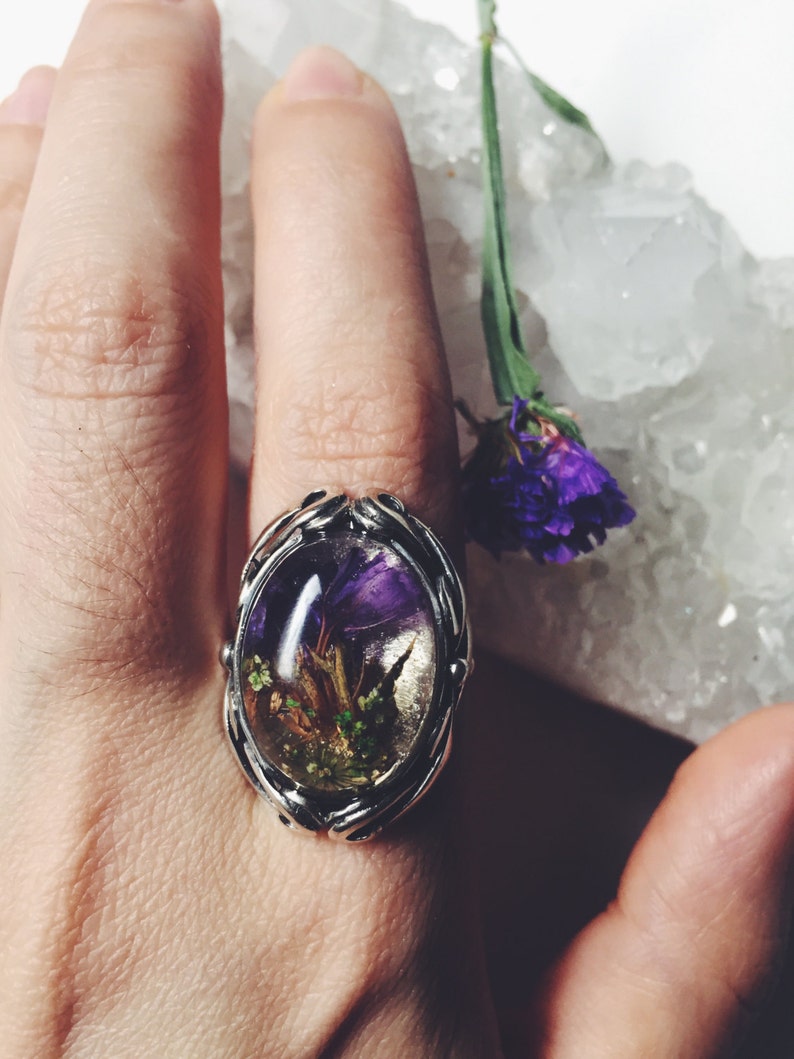mexican silver Mexican silver 925 ring with real Statice flowers and Queen Anne/'s lace silver 925 ring with flowers botanical ring