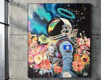 宇宙飛行士のオリジナル絵画：54x36インチの宇宙服アート（未延伸