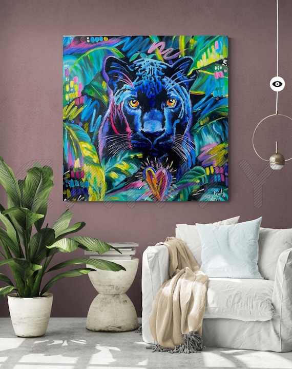 Blue Panther Oil Painting: Wildlife Wall Art, Big Cat Decor (36x36”), wild painting, black panther art, black panther painting, neon art,