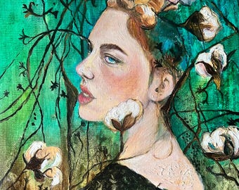 Cotton Flowers,  Girl Oil Painting, Nature Portrait on Canson Paper (11x14")