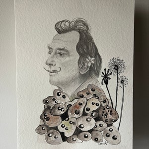 Salvador Dalí portrait graphite pencil and watercolor.