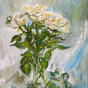 White flowers and teapot oil painting, white flowers art, white roses wall decor, roses wall decor, botanical painting, white roses wall art