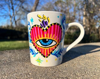 Hand-Painted Ceramic Mug: Folk Art Heart with Eye Design