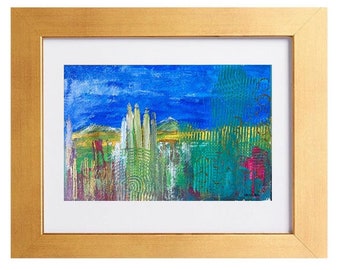 Può includere: Dipinto astratto con un cielo blu, un fogliame verde e giallo e edifici bianchi sullo sfondo.