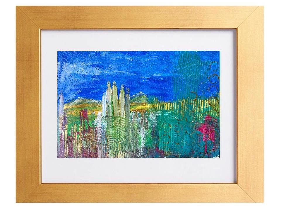 抽象風景画（青）：紙にアクリル、金枠オプション - Etsy 日本