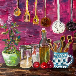 Pintura de utensilios de cocina, arte de pared de cocina, decoración de cocina, para ella, decoraciones de iglesia, pintura al óleo de arte de cocina 8x10”