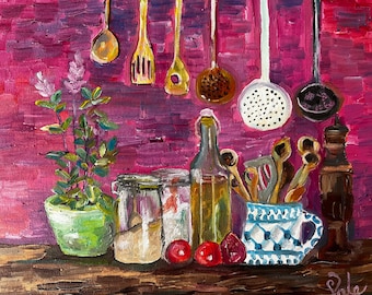 Kitchen utensils oil painting 8x10”