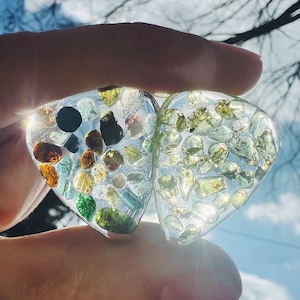 Guitar pick with natural tourmaline or peridot crystals,  music lover, guitar player, guitar accessories, music accessories, music