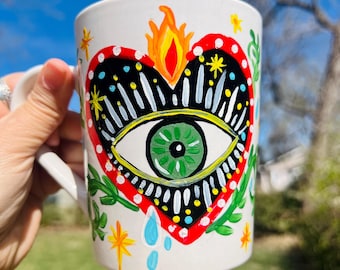 Hand-Painted Ceramic Mug: Folk Art Heart with Eye Design