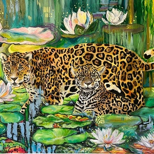 Jaguars Painting: Wildlife Wall Art on Unstretched Canvas (34x58)