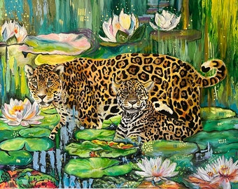 Jaguars Painting: Wildlife Wall Art on Unstretched Canvas (34x58)