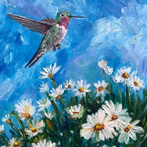 Hummingbird painting with daisies. original oil painting. cottage wall art, cozy wall decor