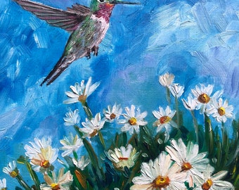 Hummingbird painting with daisies. Hummingbird original oil painting. Framed oil painting, hummingbird and flowers.