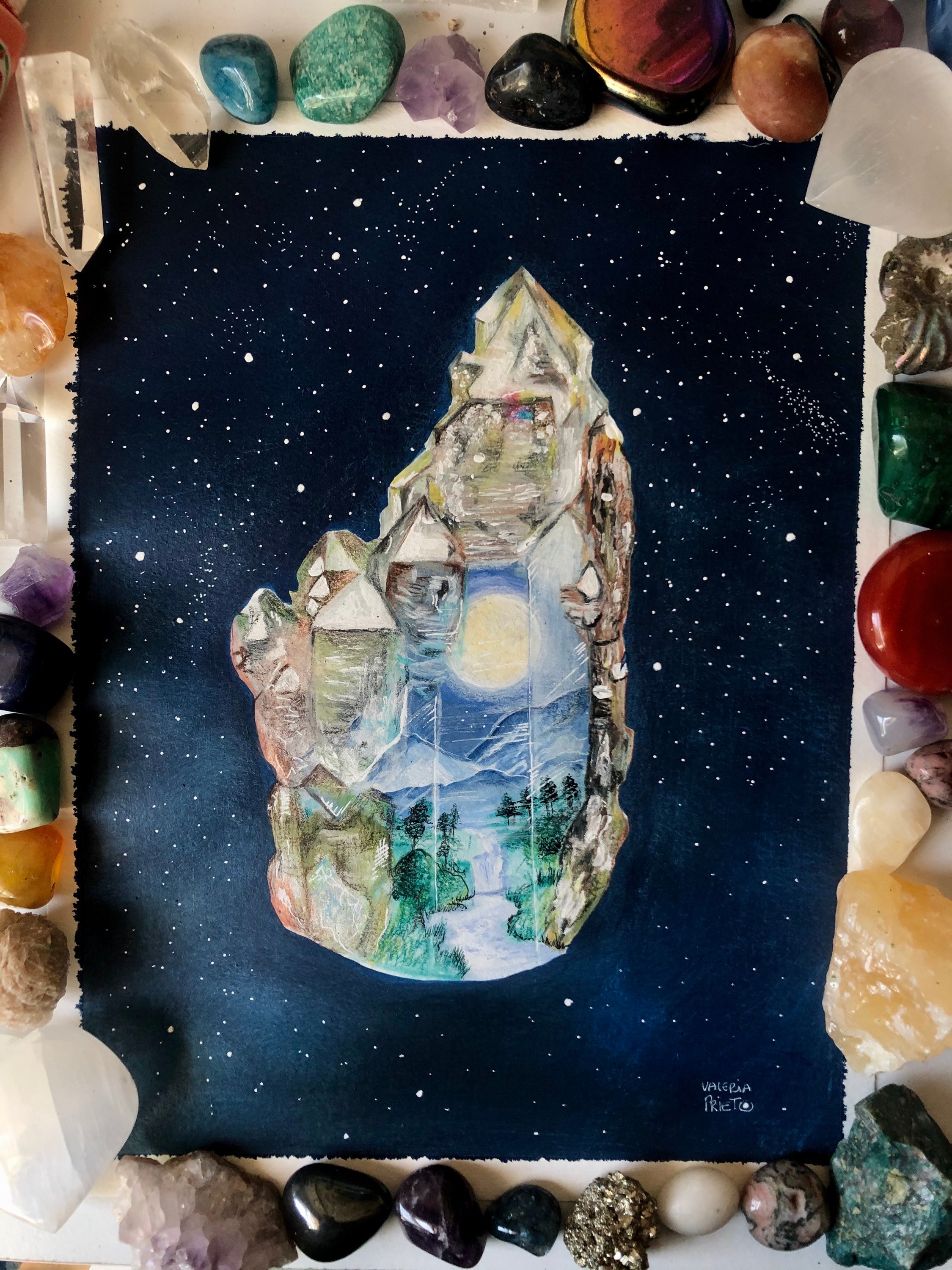 Crystal with landscape inside original illustration. Mineral | Etsy
