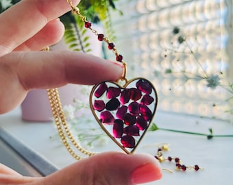 Heart pendant with garnet quartz genuine and earrings