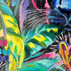 May include: A colorful abstract painting featuring a close-up of a black panther's face with a bright pink heart and green leaves in the foreground.