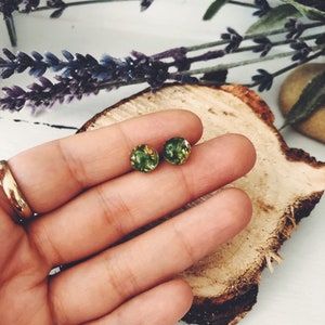 May include: A pair of gold stud earrings with green and gold resin, featuring a pressed leaf design.