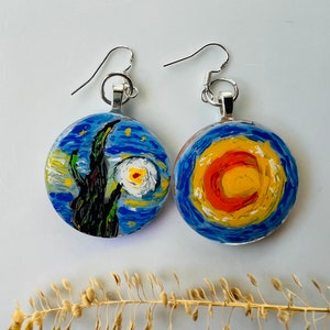 Starry night earrings hand painted, Van Gogh earrings